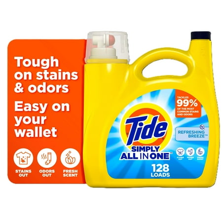 Tide Simply Liquid Laundry Detergent, Refreshing Breeze, 168 Fl Oz, 128 Loads