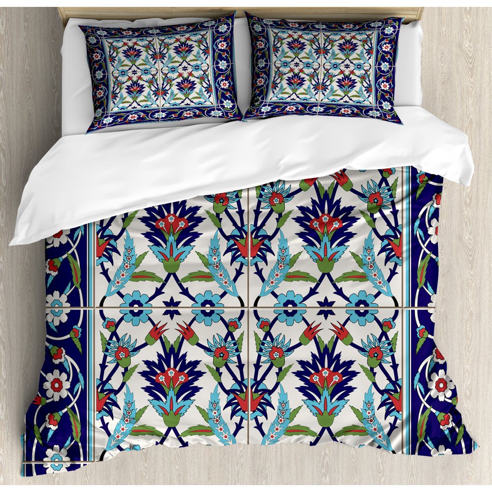 Turkish Pattern Duvet Cover Set, Mosaic Tiles with Nature Inspired