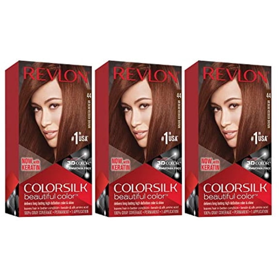 Revlon Colorsilk Beautiful Color Permanent Hair Color With 3D Gel Technology & Keratin, 100% Gray Coverage Hair Dye, 44 Medium Reddish Brown, 4.4 Oz (Pack Of 3)