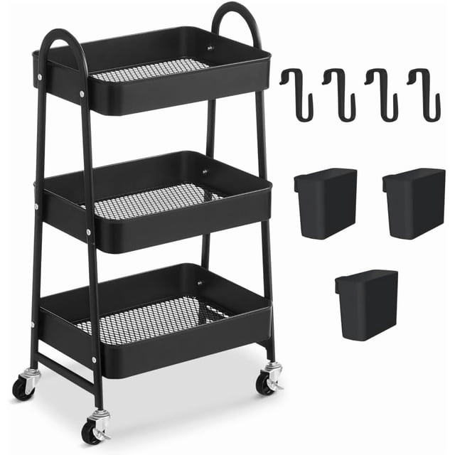Carrito de Almacenamiento de Metal, 3 Niveles de Almacenaje, Carrito Organizador de Maquillaje con 4 Ganchos y 3 Pequeñas Cestas Colgantes para Oficina, Baño, Salón Cocina