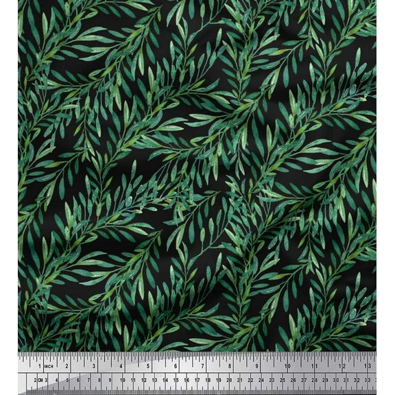 Soimoi Black Cotton Duck Fabric Laurel Leaves Print Fabric by Yard 42 Inch Wide