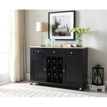 Rowan Black Wood Traditional Wine Rack Sideboard Buffet Display Console Table With 3 Storage Drawers, 2 Cabinet Doors