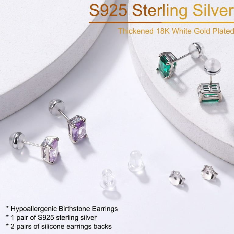 TURANDOSS Emerald Cut Birthstone Stud Earrings for Women 18K White Gold  Plated S925 Sterling Silver 4 Prong Birthstone Earring for Women Jewelry  Gifts
