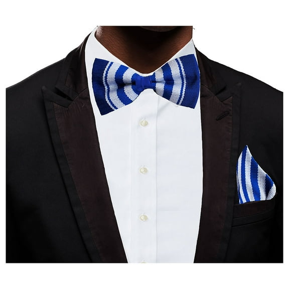 Blue and White Handwoven Kente Bow Tie and Pocket Triangle