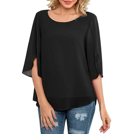 

LBECLEY Skyline Cotton Sleep Shirt Women Loose Half Split Sleeves Double Layer Top Chiffon Crew Neck Shirt Flowy Shirt Short Tees for Women Black Xxl