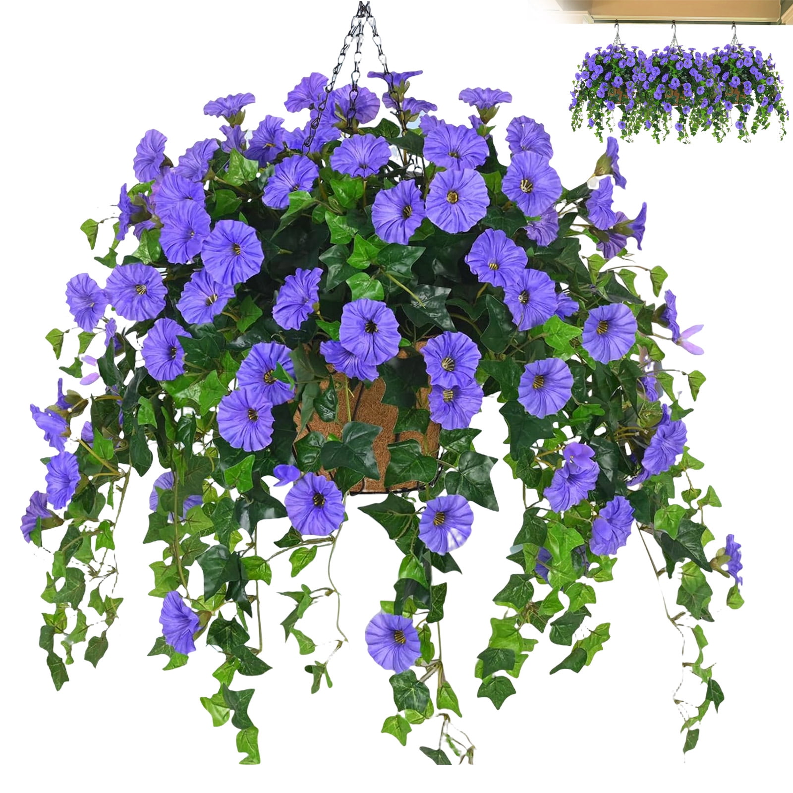 Artificial Hanging Flowers Baskets for Spring Outdoors Decor, Silk Morning Glory in Planter UV Resistant Realistic Outside Flowers for Outdoor Porch Patio Balcony Yard Home