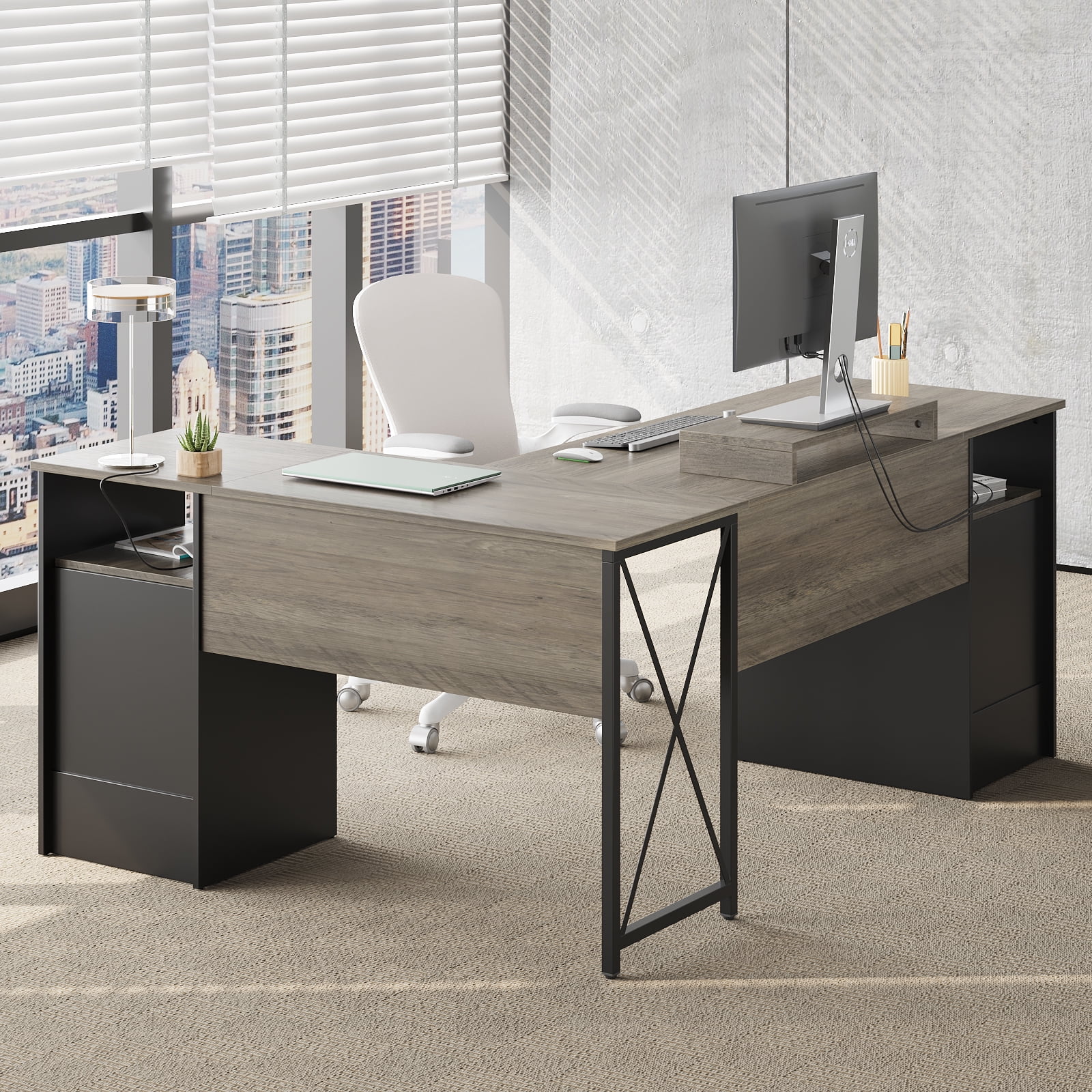 Bestier L Shaped Desk with 4 Drawers, 63" x 47" Executive Office Desk with Monitor Stand, Gray
