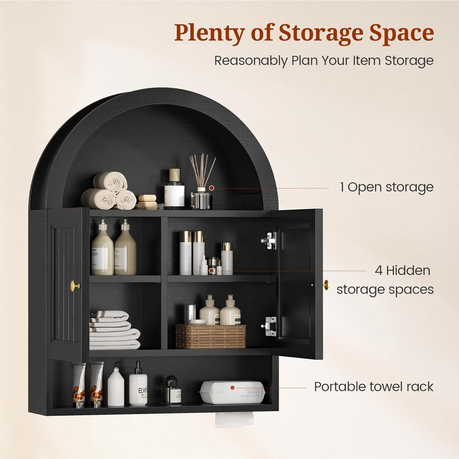 Bathroom Wall Cabinet, Arched Medicine Cabinet Over Toilet Storage with Adjustable Shelf and Open Compartment for Laundry Room Kitchen Living Room, Black