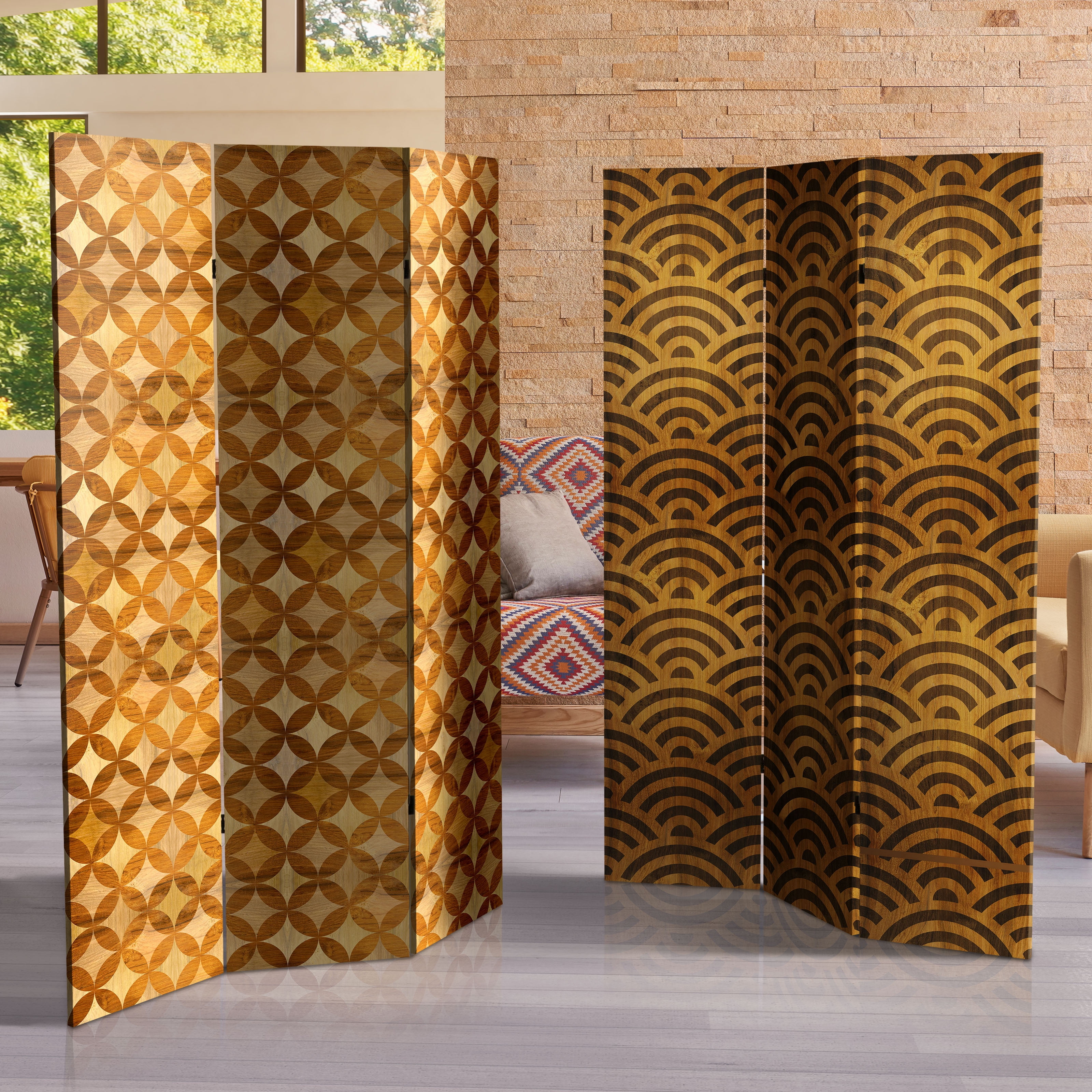 Oriental Furniture 6 ft. Tall Double Sided Japanese Wood Pattern Canvas Room Divider