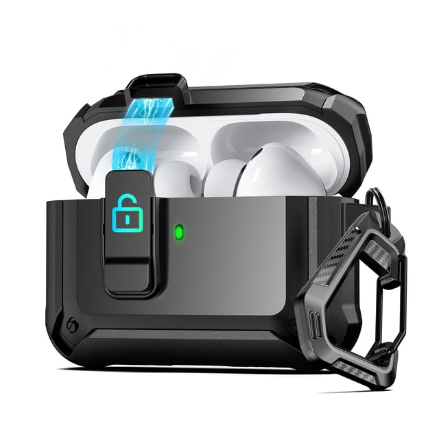 Funda Rígida con Cierre de Seguridad y Apertura Automática para AirPods Pro 1ª y 2ª Generación Protección Completa Anti-Golpes Negro