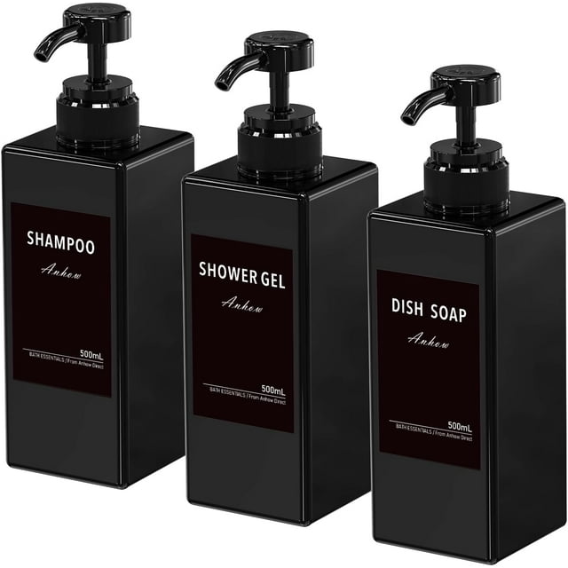 Anhow Shampoo and Conditioner Dispenser (Set of 3/16.9oz), Soap Dispenser Refillable Body Wash Dispenser with Category Labels for Kitchen Bathroom - Black