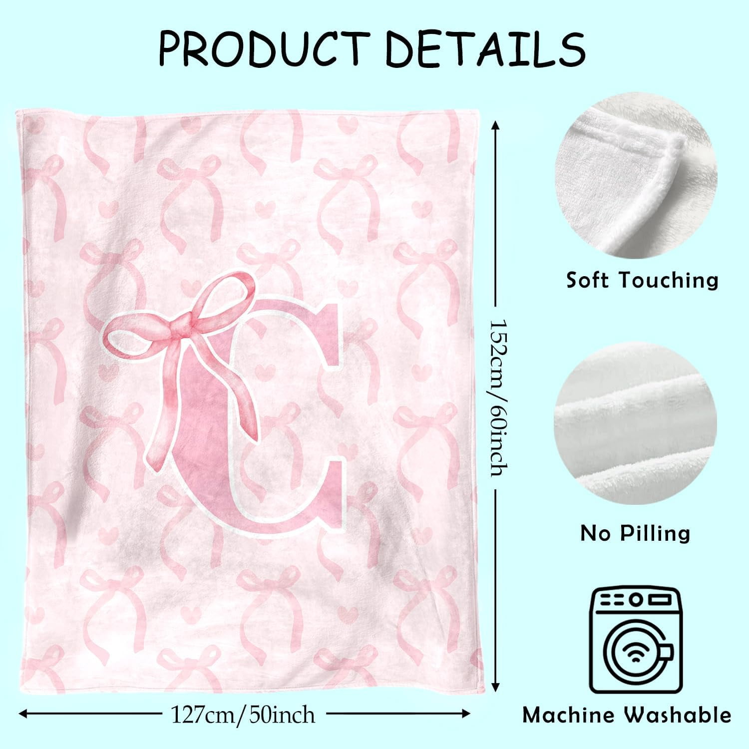 Coquette Pink Bow Blanket,Personalized Initial C Soft Fluffy Cozy Flannel Blanket,Monogrammed Gifts for Daughter Women Teen Women,Customized Blanket for Bedding Bedroom Office,50x60 Inches