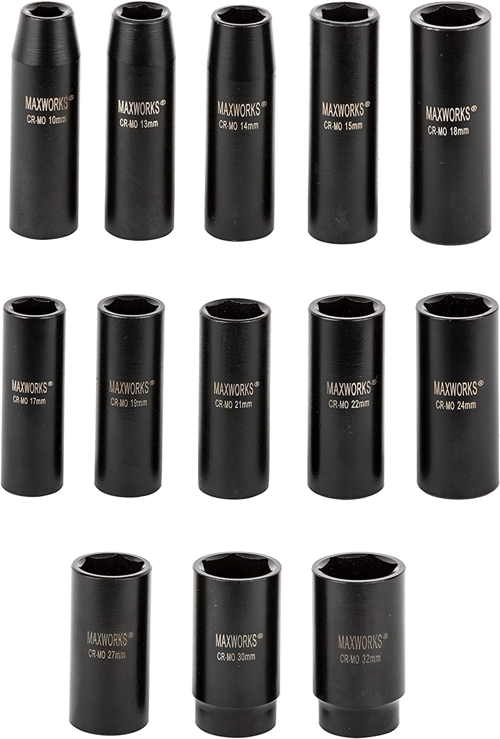 MaxWorks 80783 13-Piece 1/2" Drive Metric Impact Socket Set With Laser Etched Size Marking
