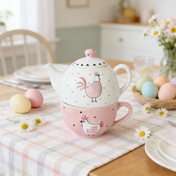 Easter Festival Ceramic Tableware Set Pink Relief Chicken Design Plates Cups Sealed Storage Canisters Kitchen Decor Dinnerware Serving Utensils,D