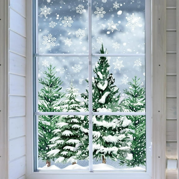 Christmas Window Clings Xmas Tree Snowflake Window Stickers Double-Side Snowy Forest Glass Decals for Winter Home Party, 7.9 x 11.8 Inch, 9 Sheets