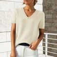 thumbnail image 2 of VISALY Womens Short Sleeve Sweater Casual Summer V Neck Pullover Tops Knit Sweater Blouse Lightweight Sweater Shirts Crop Tops Business Casual Outfit Beach Vacation Clothes Beige L, 2 of 9