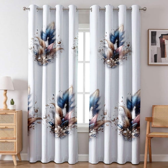Feather Print Blackout Curtains for Bedroom Living Room, 2 Panels Grommet Thermal Insulated Room Darkening Window Curtains, 52x84 Inch, Blue Beige Boho Decorative Drapes