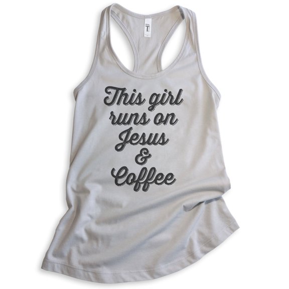 This Girl Runs On Jesus & Coffee Tank Top, Ladies Racerback Tank Top, Cute Coffee Tank, Jesus Tank, Silver Gray, Medium