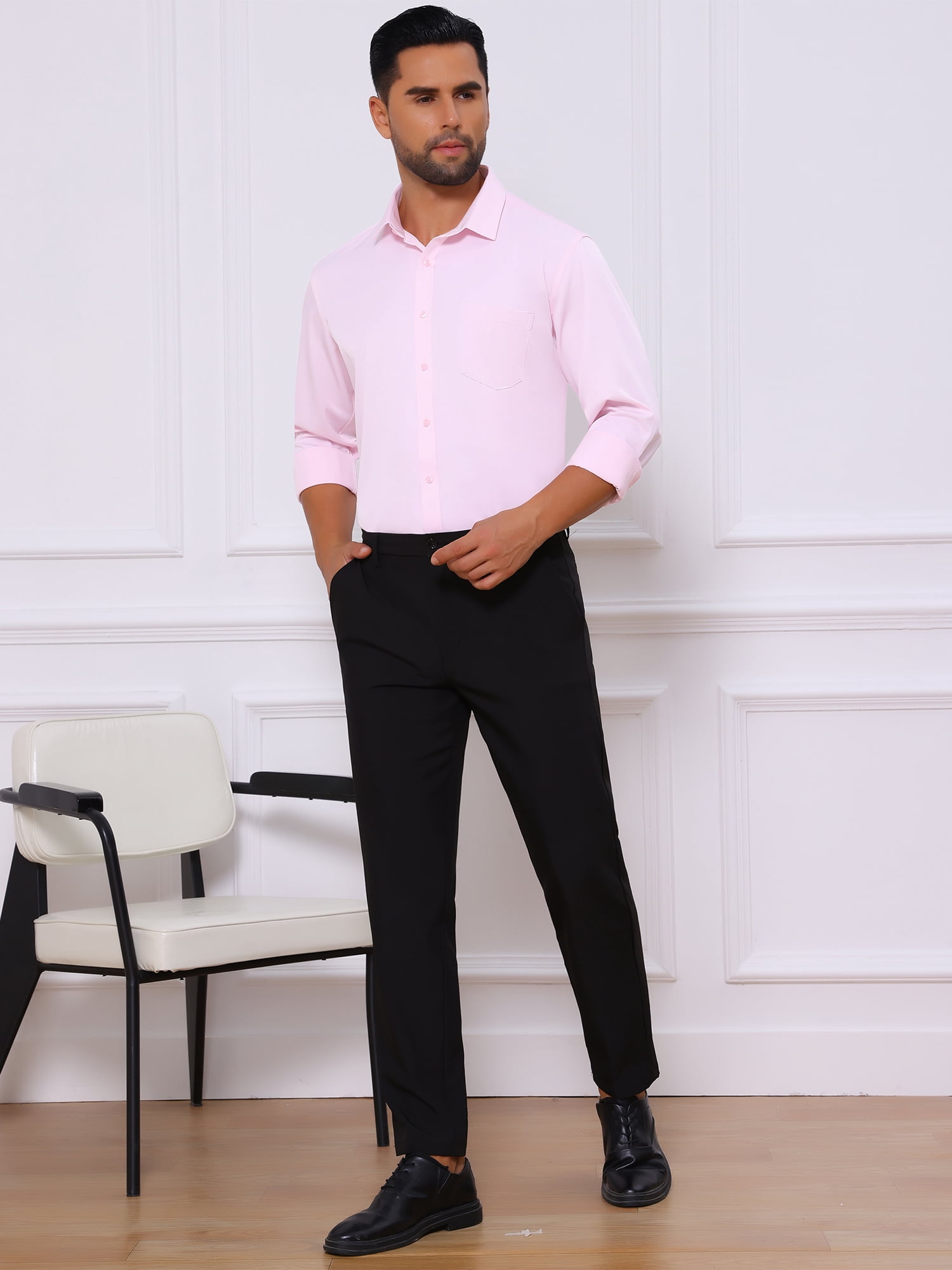 DARING DIVA Men's Point Collar Button Long Sleeve Business Shirts S Pink