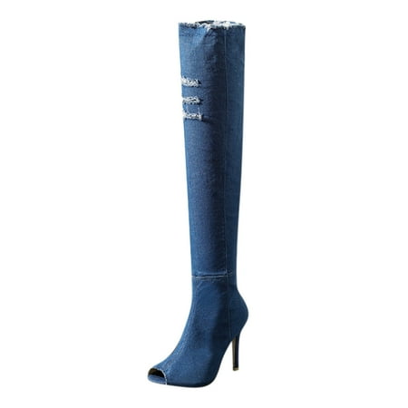 DVKOVI Cowboy Boots for Women Wide Calf Women s Open Toe Shoes Slim High Heel Over Knee High Boots Long Boots Shoes Fall Winter Tall Boots for Women Heel Boots for Women Light Blue 35