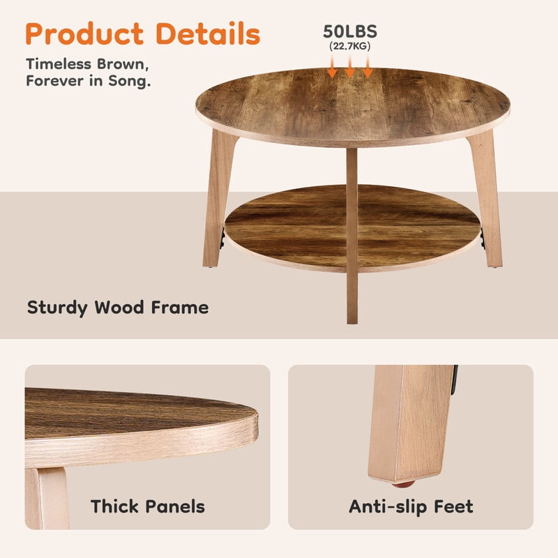 Gianna Round Coffee Table, 32" Wood Coffee Tables for Living Room with Storage, 2-Tier Center Circle Counter with Wooded Desktop, 50 lbs Capacity, Anti-Slip Feet, Brown