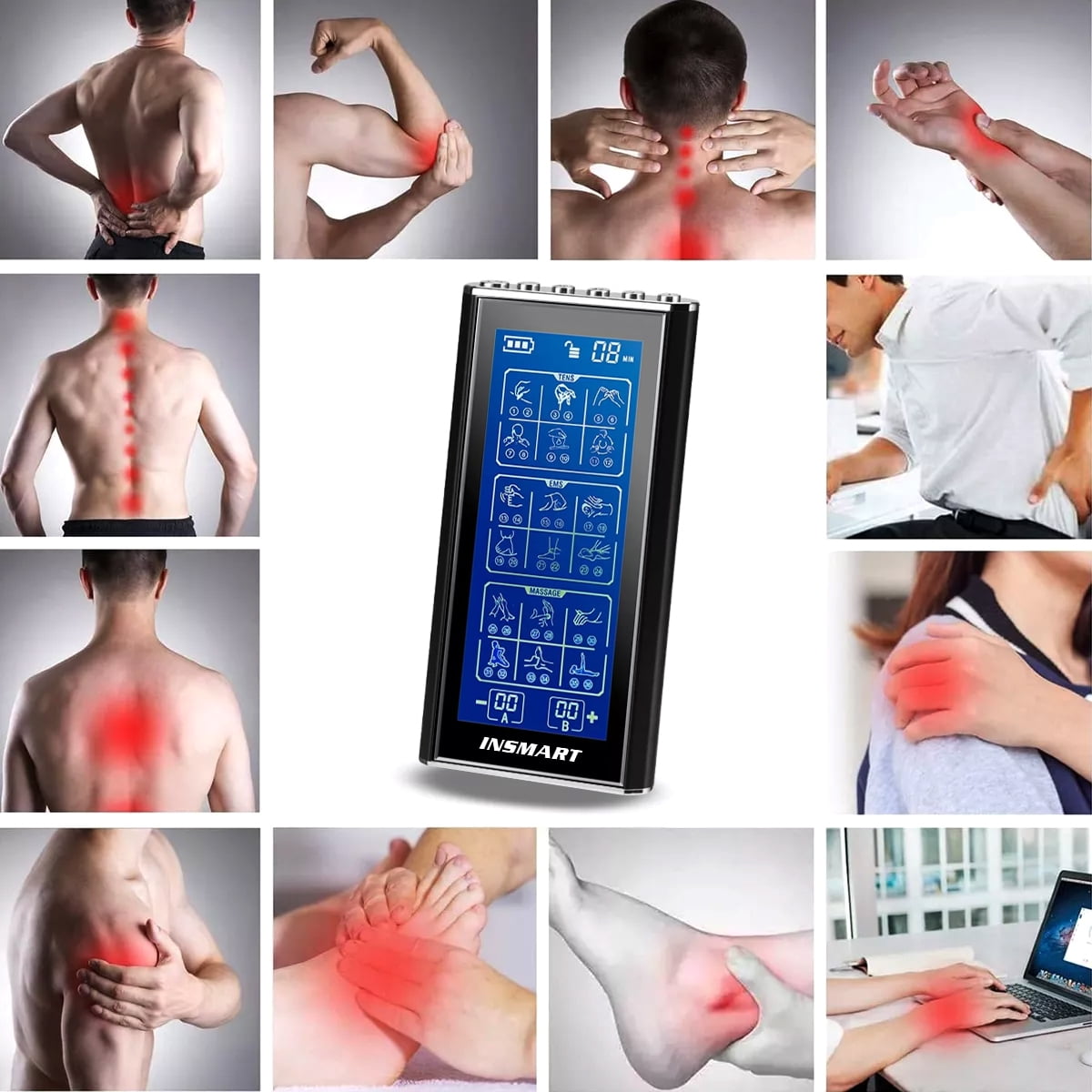 INSMART 3-in-1 TENS Unit Rechargeable Muscle Stimulator EMS Dual Channel with 10 Reusable Electrode Pads 36 Modes for Back Neck Pain Muscle Therapy Pain Management Pulse Massager (Black)