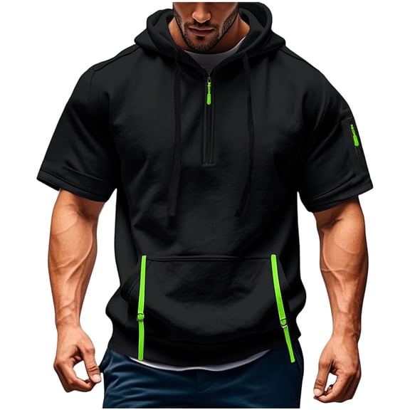 VSSSJ Hoodies for Men Quarter Zip Short Sleeve Lightweight Pullover Sweatshirt Casual Workout Oversized Hooded Tshirts with Pockets Black M