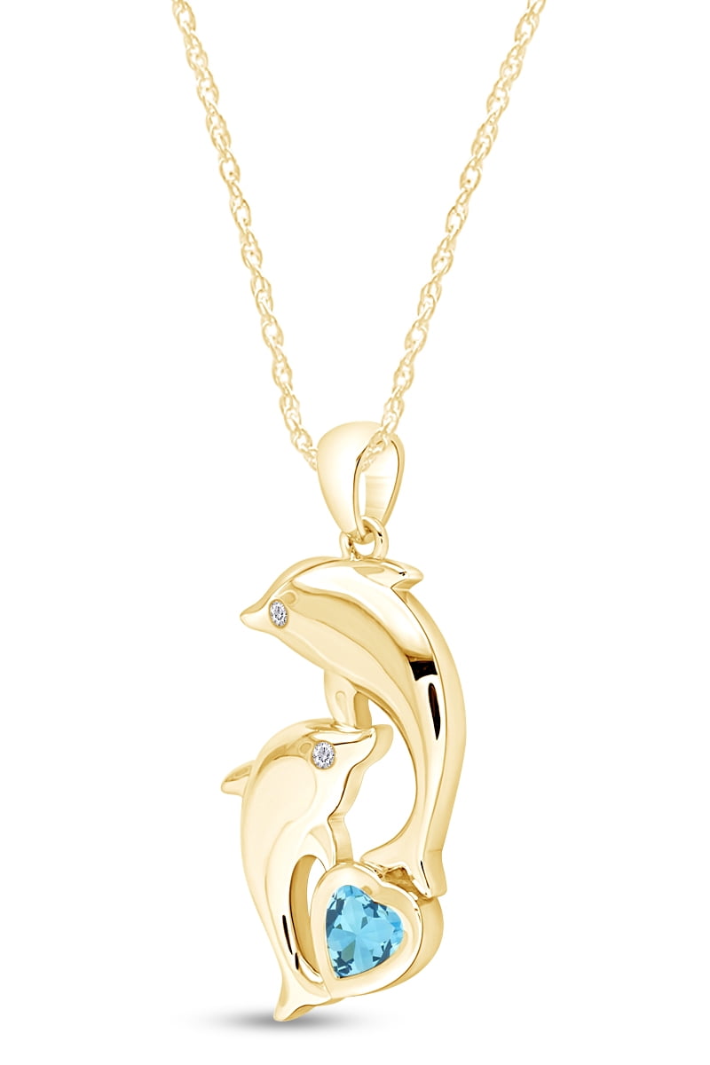 AFFY Heart Simulated Aquamarine & Cubic Zirconia Dolphin Pendant Necklace 14K Yellow Gold over Silver