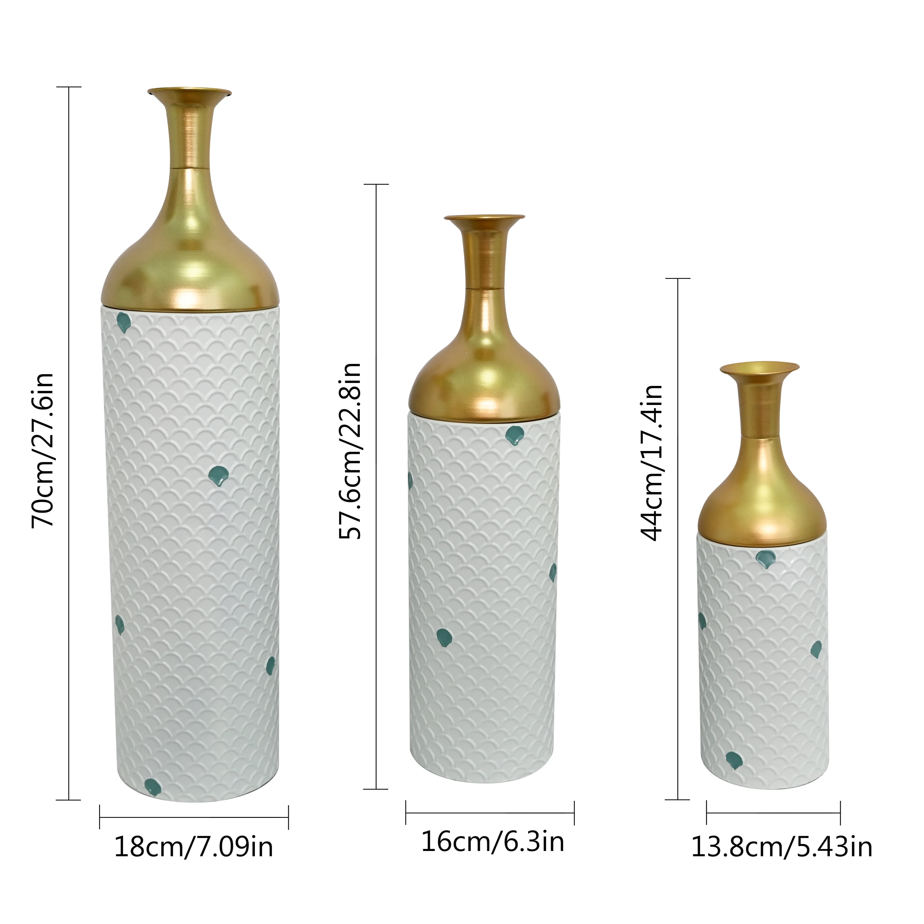 Metal Floor Vases Set of 3 with Leaf Pattern, Tall Decorative Vases and Home Decor Accents for Living Room Entryway, White and Gold