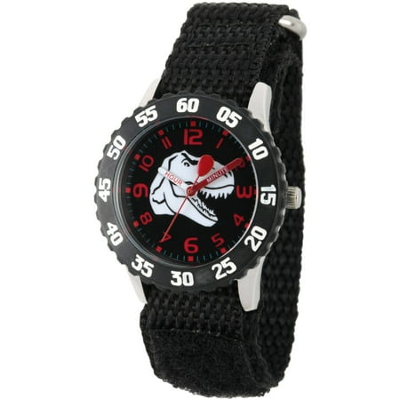 Dinosaur Boys' Stainless Steel Time Teacher Watch, Black Bezel, Black Hook and Loop Nylon Strap