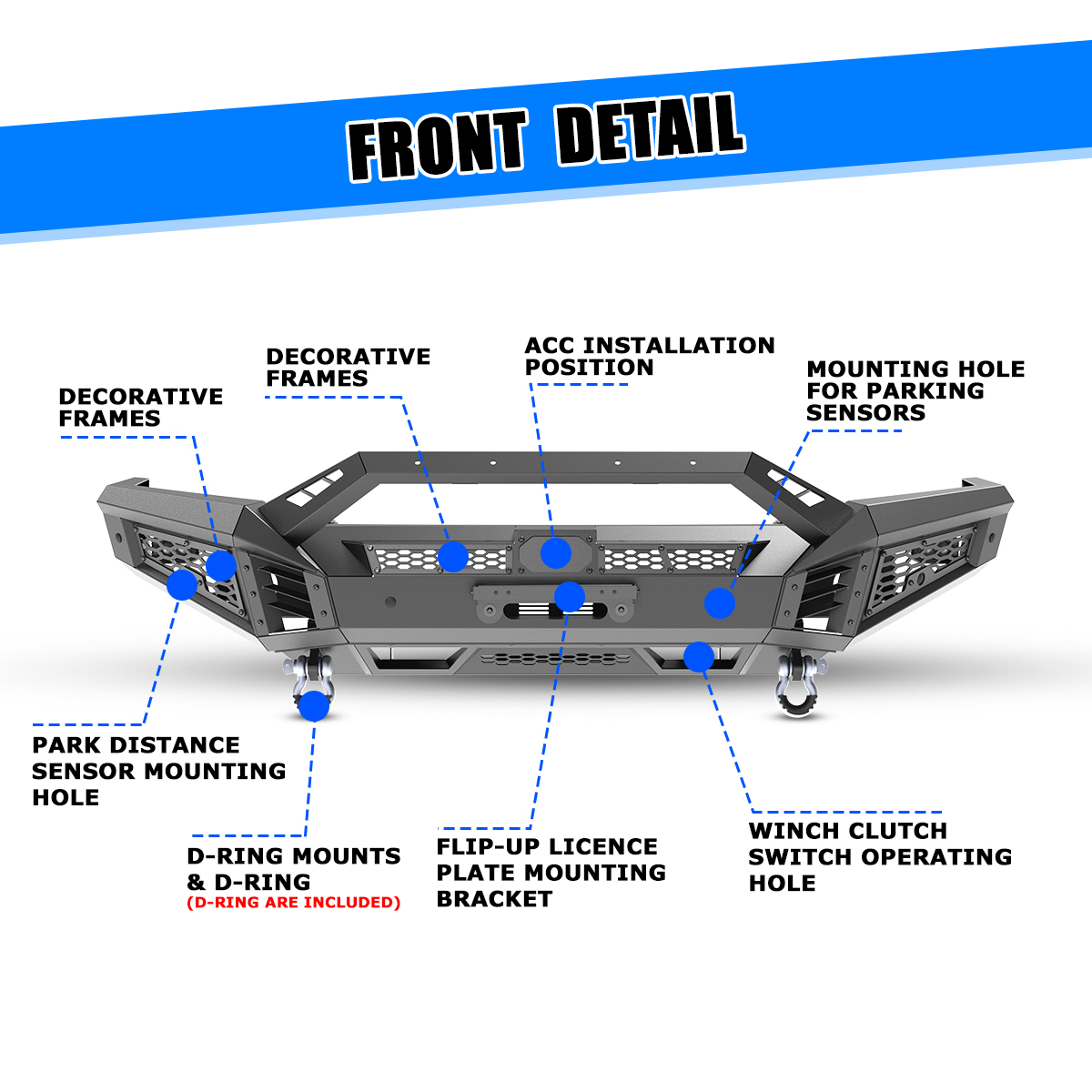 Front Bumper for 2025 Ram 1500,Heavy Duty Steel Full Width Front Bumper with Side Wings A & Bull Bar A & Winch Plate