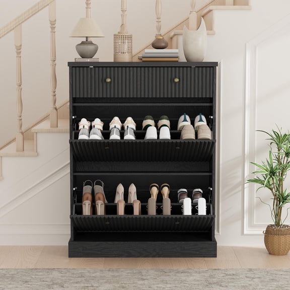 Fluted Shoe Storage Cabinet with 2 Flip Drawers & Top Drawer, 42" Tall Narrow Shoe Organizer, Curved Profile Design, Wooden Shoe Rack for Entryway, Hallway - Black