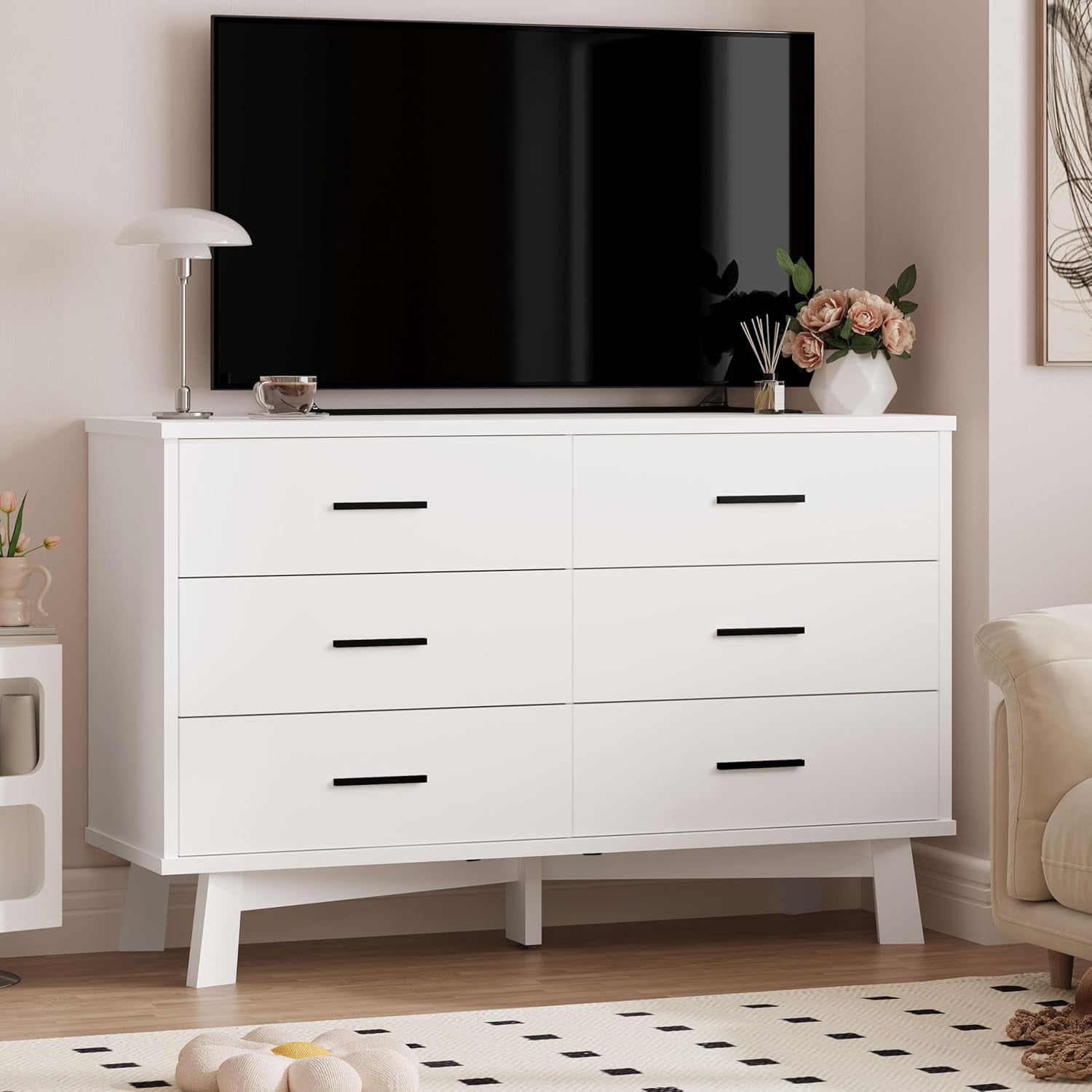 FANRAL 6 Drawer Dresser for Bedroom,Wood Modern Chest of Drawers with X-Shaped Sturdy Base,White Dresser