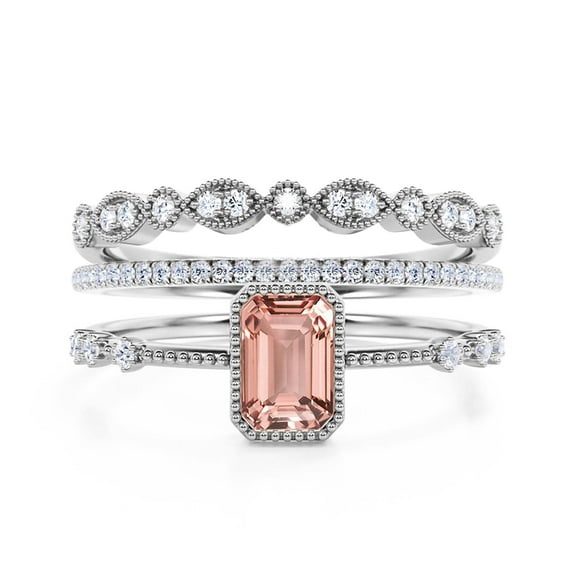 Art Deco 2.25 Carat Emerald Cut Morganite And Diamond Moissanite Thin Engagement Ring, Slim Wedding Ring in 10k Solid White Gold, Trio Rings Set, Holiday Gift, Promise Ring, Anniversary Ring
