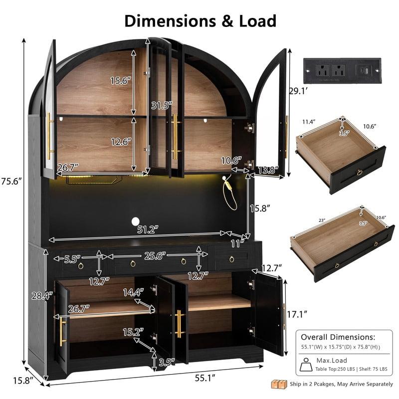 Arched Farmhouse Kitchen Pantry Storage Buffet with LED Light & Charging Station, Bar Cabinet Hutch with Drawers & Glass Holder