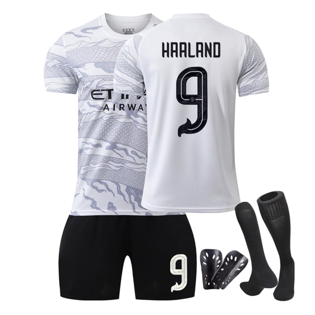 GZSL 2324 Football Team Jersey Black Pant, #9 HAALAND Dragon Pattern Soccer Jersey 4 Piece Sets, Short Sleeve Kid Sports Soccer Jersey & Prevent Sports Injuries, #9/20