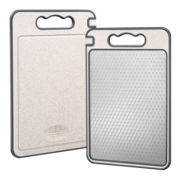Walchoice Stainless Steel Cutting Board, Double Sided Chopping Board for Kitchen, Food Grade Stainless Steel & Wheat Straw PP, Scratch-resistant & Non-toxic for Cutting Meats & Vegetable (15” x 10”)
