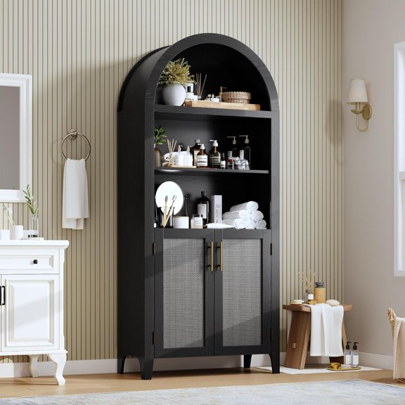 Ataucjin 5 Tier Open Display Shelf with Rattan Decor, Arched Bookcase with Doors, Modern Bookshelf Storage Cabinet for Home Office Living Room Library,
