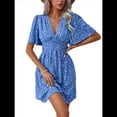 thumbnail image 1 of Vestido Corto Informal de Verano con Estampado Floral y Mangas con Vuelo para Mujer, Vestido Veraniego con Cuello en V. Azul L, 1 of 9