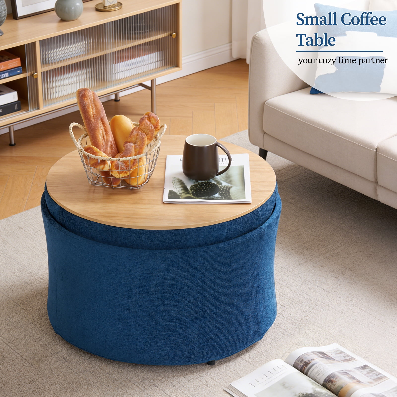 Dovov Round Ottoman with Storage and Reversible Tray, 25" Upholstered Footrest Coffee Table Button Tufted Storage Ottoman Foot Stool, Blue