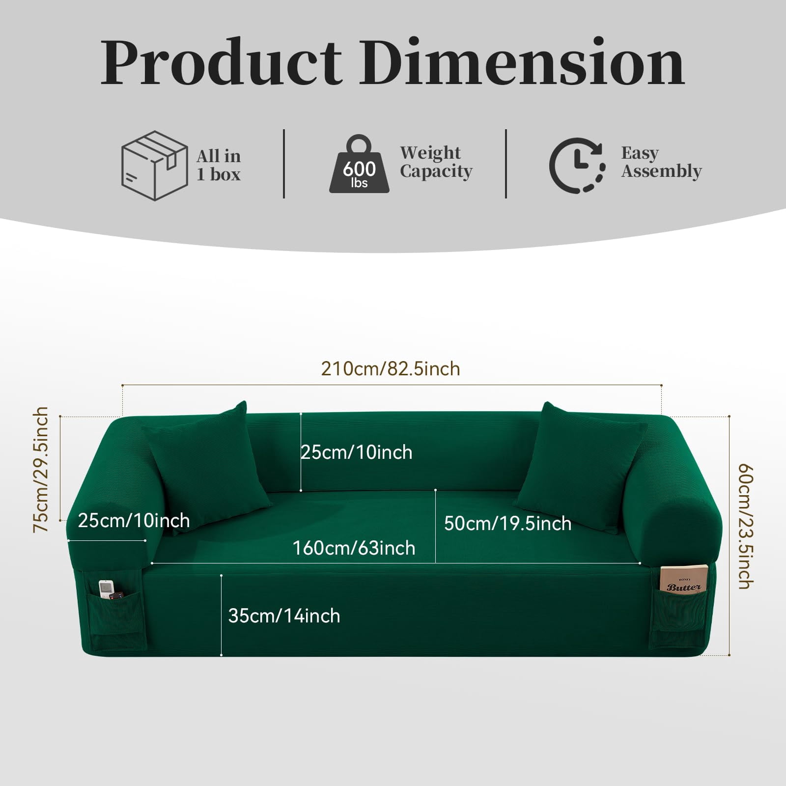 3-Seater Sofa, 83" No Assembly Deep Loveseat Couch in A Box, Spring & High-Elastic Sponge Filling Sofas with 2 Cushions & Side Storage Pockets for Living Room Apartment, Green