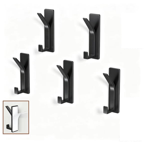 Black Self Adhesive Coat Hooks for Hanging: Extra Heavy Duty Aluminum Wall Hook for Towel, Utensil, Backpack, Hat, Sturdy Metal Hanger for Bathroom, Kitchen, Door, 5-Pack