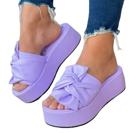 

Women s Platform Slippers Sandals Flat Heel Bowknot PU Summer Slide Shoes Solid Color Anti-Slip Bottom Heightening Woman Foot Wear Ultra-Thick Sole 39 Purple