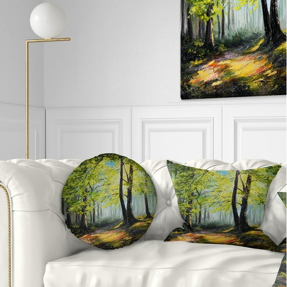 Designart Green Autumn Forest - Landscape Printed Throw Pillow - 12x20