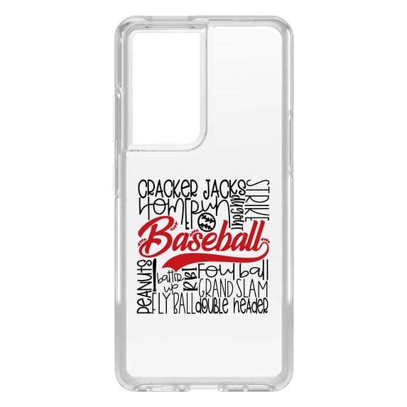 DistinctInk Clear Shockproof Hybrid Case for Galaxy S21 ULTRA 5G (6.8" Screen) - TPU Bumper Acrylic Back Tempered Glass Screen Protector - Baseball Word Art - Black & Red