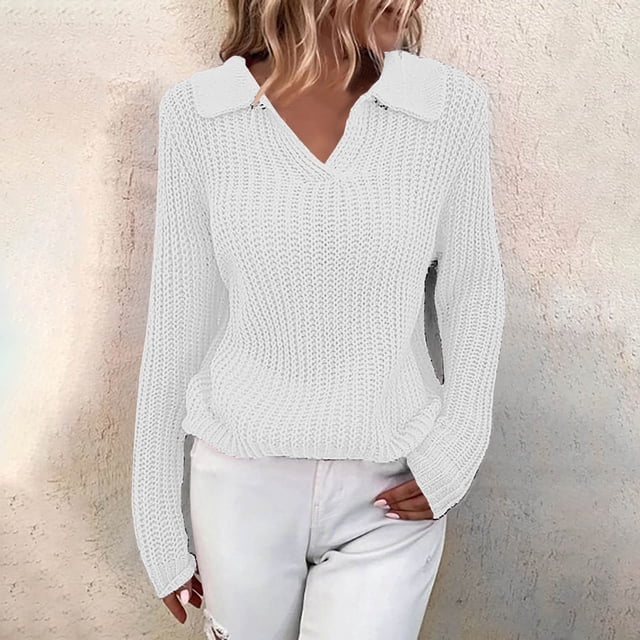 Qertyioot Chandails à Col en V pour Femmes Mode Automne Hiver Pull à Manches Longues Décontracté