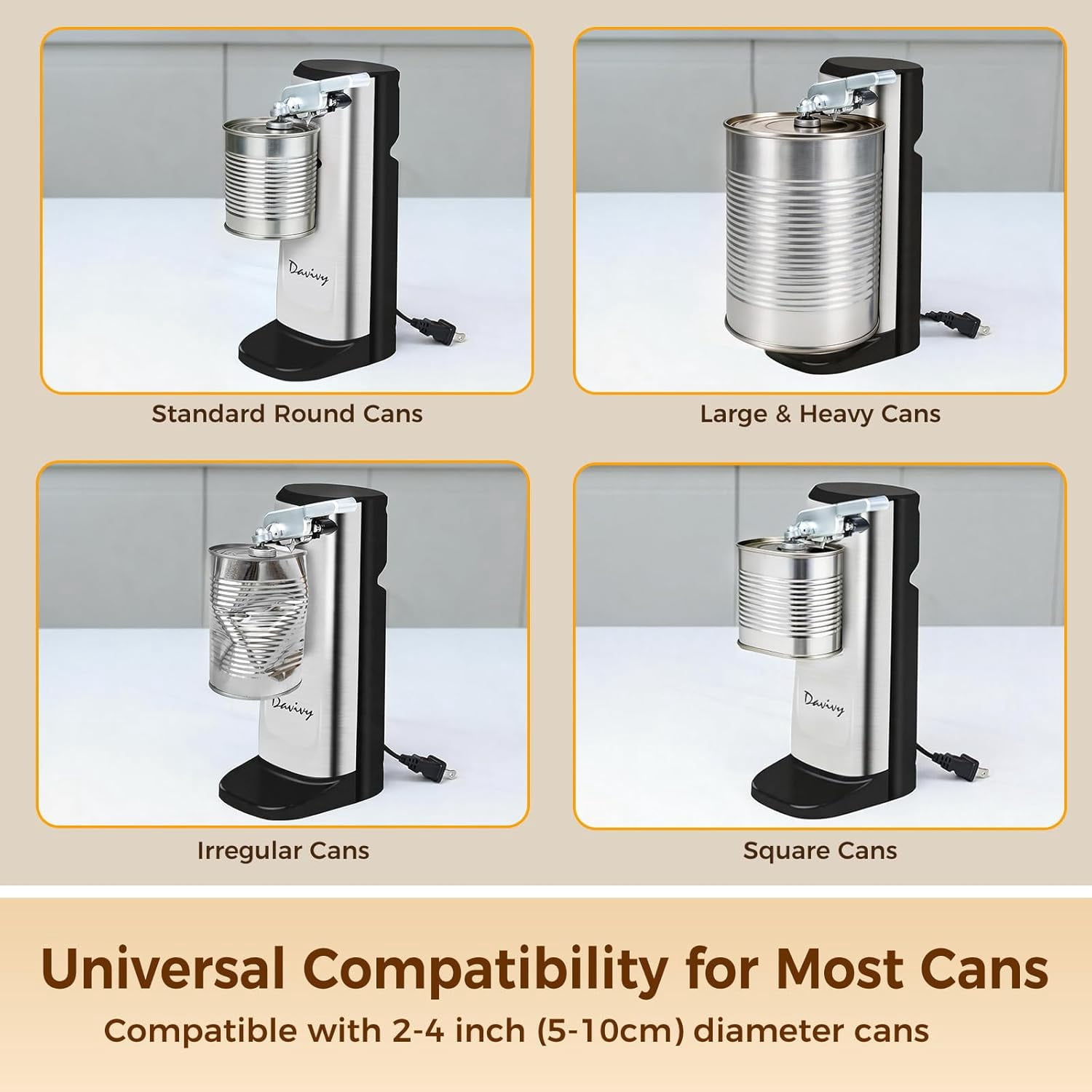 Davivy Electric Can Opener - Stainless Steel Tall Automatic Can Opener with Knife Sharpener and Bottle Opener, Efficient and Safe for Home Use, Saves Time