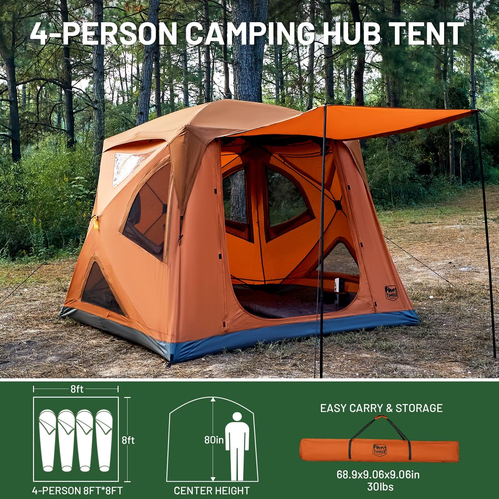 TIMBER RIDGE 4 Person Instant Pop Up Hub Tent, Easy 60 Second Setup, Weather Resistant Camping Family Cabin Tent with Rain Fly and Carry Bag for Camping Hiking Outdoor Travel