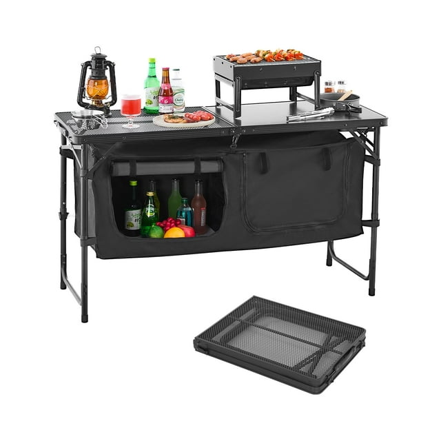 VEVOR Table de Cuisine de Camping, Table de Cuisson Pliante Extérieure, 3 Hauteurs Réglables, Station de Cuisson Portable Légère en Aluminium avec Organisateur de Rangement, Poignée de Transport, pour Barbecue Fête Pique-Nique Voyage en VR, Noir