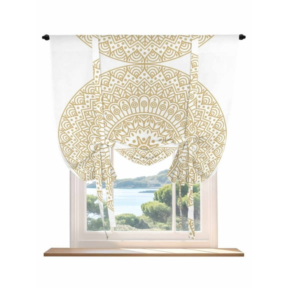 Beige Boho Tie Up Curtains for Windows 45 Inch Length Balloon Curtains Kitchen Adjustable Balloon Window Shade Retro Farmhouse Ethnic Abstract Geometric Art Tie Up Bathroom Curtain Window 34"x45"